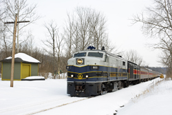 Cuyahoga Valley Scenic Railroad 800 + 12 CVSR + CVSR 1822 from Independence to Akron at Sagamore Hills on 7 March 2015.
