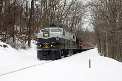 Cuyahoga Valley Scenic Railroad 800 + 12 CVSR (+ CVSR 1822) from Independence to Akron at Akron on 7 March 2015.