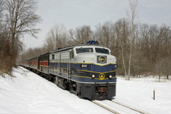 Cuyahoga Valley Scenic Railroad 800 + 12 CVSR (+ CVSR 1822) from Independence to Akron at Independence on 7 March 2015.