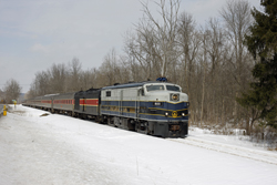 Cuyahoga Valley Scenic Railroad 800 + 12 CVSR + CVSR 1822 from Independence to Akron at Boston Mill on 7 March 2015.