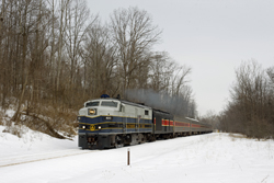 Cuyahoga Valley Scenic Railroad 800 + 12 CVSR (+ CVSR 1822) from Independence to Akron at Independence on 7 March 2015.