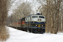 Cuyahoga Valley Scenic Railroad 800 + 12 CVSR (+ CVSR 1822) from Independence to Akron at Everett on 7 March 2015.