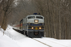 Cuyahoga Valley Scenic Railroad 800 + 12 CVSR (+ CVSR 1822) from Independence to Akron at Akron on 7 March 2015.