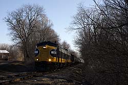 Keokuk Junction Railway 1752 + 1750 + PREX 2003 shunt freight cars in Mapleton, Illinois on 9 March 2015.